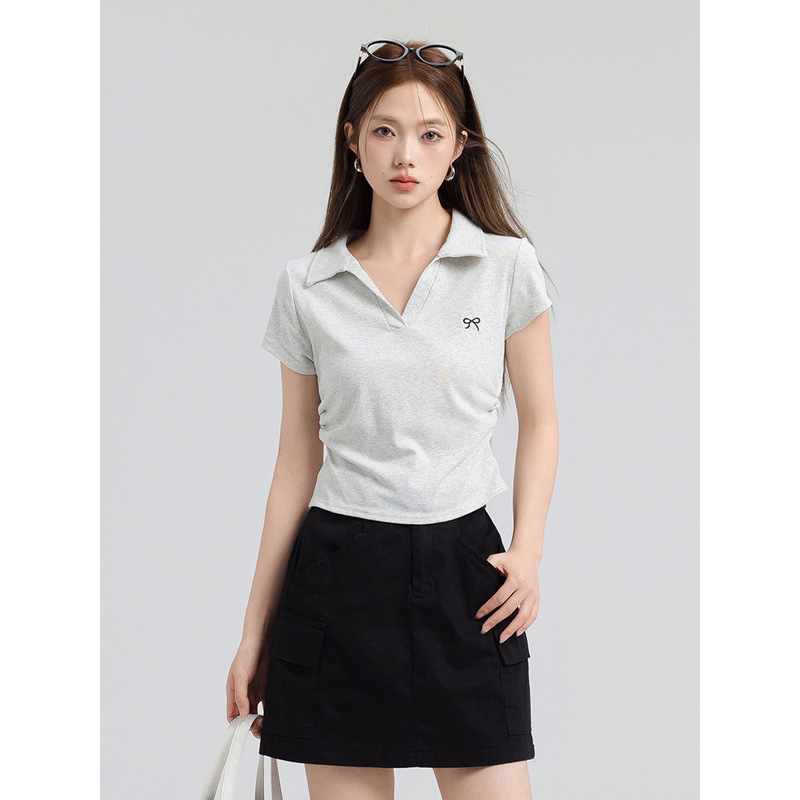 Pure Cotton Polo Collar Short-Sleeved T-Shirt for Women, Summer 2026 New Style, Large Size, Slimming Design, Pleated Short Top Pure Cotton Polo Collar Short-Sleeved T-Shirt for Women, Summer 2026 New Style, Large Size, Slimming Design, Pleated Short Top