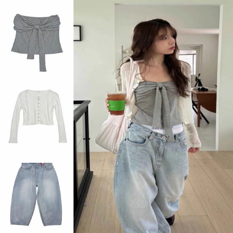 Korean-Style Summer Hot Girl Bow-Tie Strapless Tank Top Cardigan Washed Blue Jeans