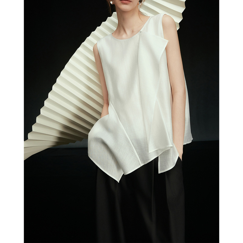 White Ruffled Acetate Sleeveless Shirt for Women 2025 Summer New High-End Tencel Chiffon Shirt
