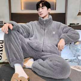 秋冬新款雪花男士加厚保暖家居服套装立领短袖可外穿珊瑚绒睡衣