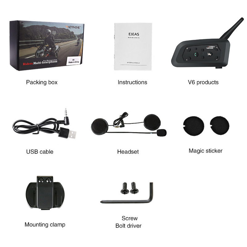 Vnetphoneオートバイbluetoothイヤホンヘルメットトランシーバー立体音スクリーンリアルタイムインターコムV6-1200|undefined