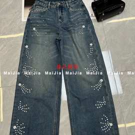 重工阔腿裤牛仔裤新冬上钉珠宽松图片色针织面料有吊牌扎染