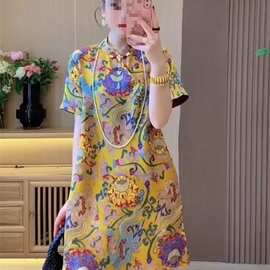 国风气质感旗袍裙女2026年夏季新款印花立领盘扣短袖高腰连衣裙潮