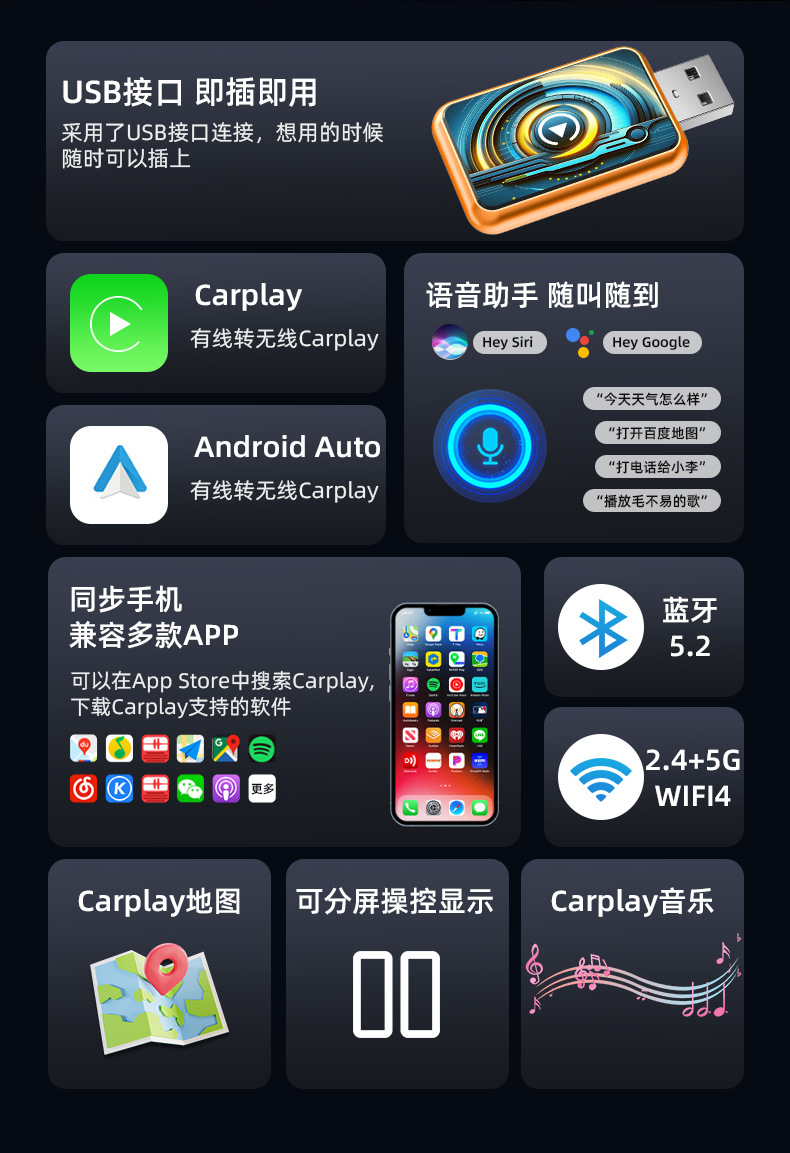 Source Factory Cross-Border Car-Machine Connectivity Module Wired to Wireless Carplay Box Dual-Channel Car-Machine Connectivity