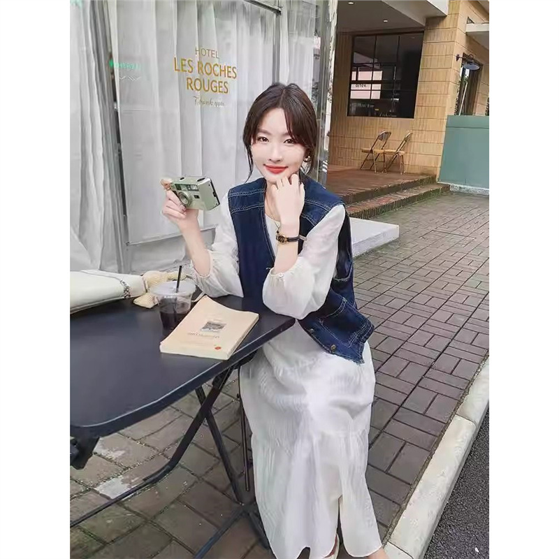 2025秋季新款韩版气质盐系炸街牛仔马甲套装女小众连衣裙子两件套|undefined