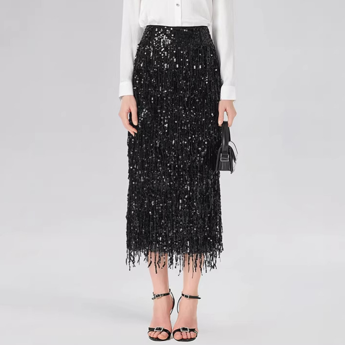 Independent Site Amazon Tassel Sequin Skirt European and American Women's Fashion Solid Color Long Skirt with Slit Fashionable Pencil Skirt 8220 Independent Site Amazon Tassel Sequin Skirt European and American Women's Fashion Solid Color Long Skirt with Slit Fashionable Pencil Skirt 8220