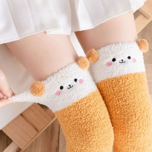 Autumn and Winter new women's socks coral fleece lengthened over-the-knee socks cartoon embroidered women's socks thickened warm sleep women's socks wholesale