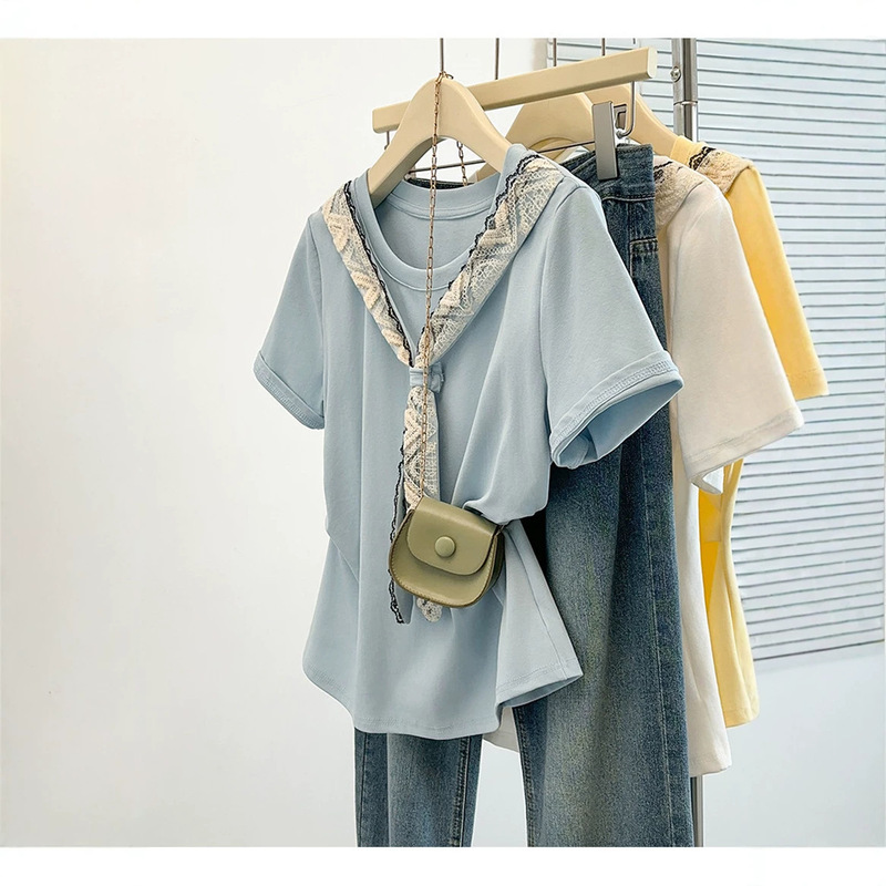 Plus Size 100kg Women's Summer Lace Patchwork Tie Short-Sleeve T-Shirt with Waist-Cinching Design to Hide Belly, Trendy Top