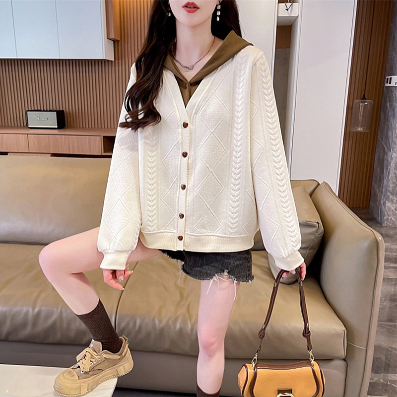 봄과 가을 새로운 부드러운 스타일 색상 매칭 자카드 스웨터 카디건 재킷 여성용 느슨한 캐주얼 가짜 투피스 후드탑