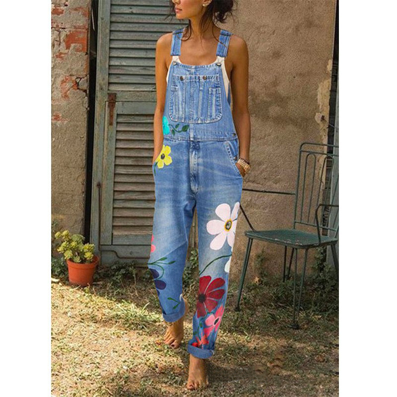 Summer Women's Overalls, Fashionable Denim Straight-Leg Pants, High-End Classic Versatile Loose-Fitting Printed Design, High-Quality Women's Clothing