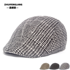 Full-Sealed Cotton-Insulated Wool Check Pattern Newsboy Cap for Middle-Aged Men, Forward Duckbill Hat for Autumn and Winter