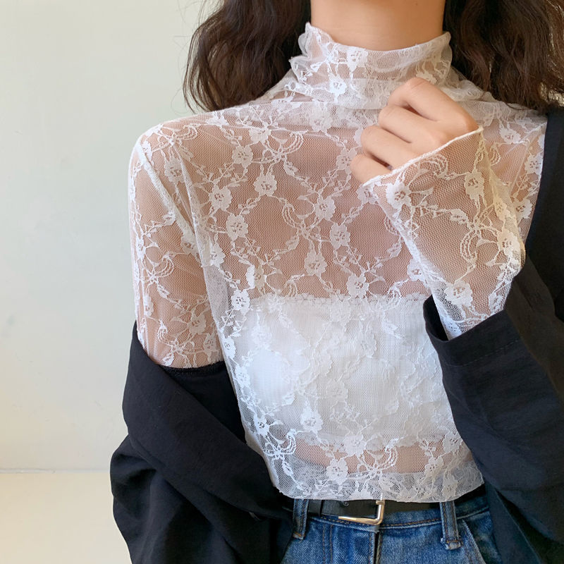 Lace Bottoming Shirt for Women 2022 Spring New White Long-Sleeved Inner T-Shirt Mesh Loose Versatile Top Trendy