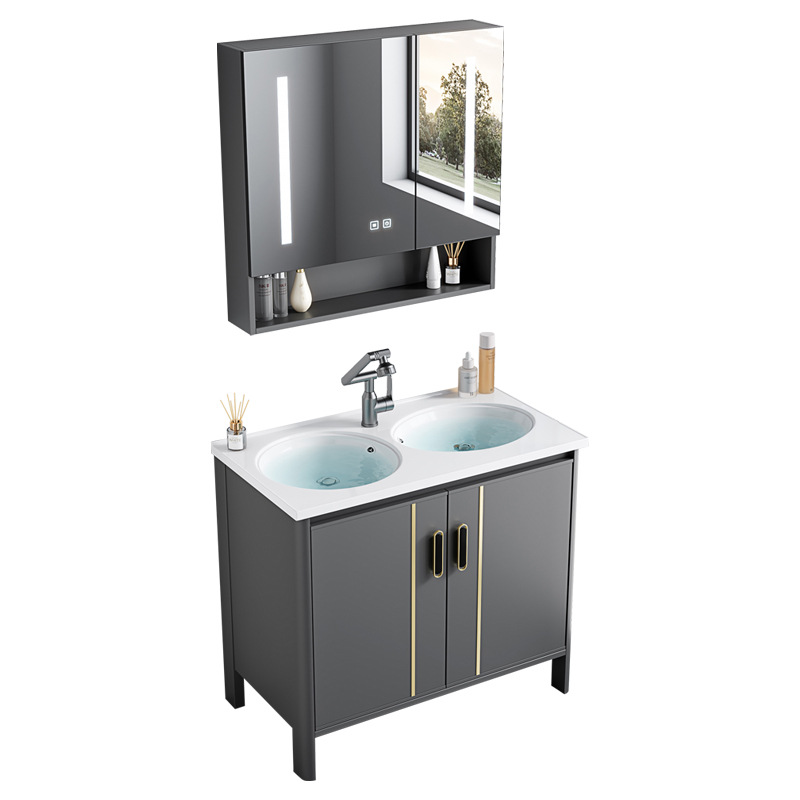 Armario de baño de aluminio espacial de doble lavabo de piso combinado lavabo de baño lavabo de cerámica de una pieza lavabo mesa de lavado piscina