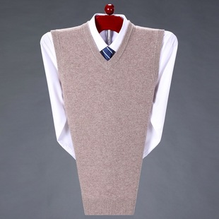 2024 winter men's woolen sweater middle-aged and elderly casual V-neck solid color thickened sweater vest waistcoat wholesale