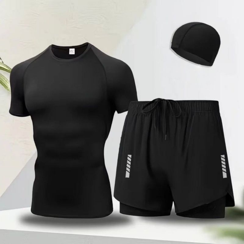 Swimming trunks, swimsuit, swim cap, high-end men's sports three-piece set, hot spring anti-embarrassment beach pants, men's swimming gear