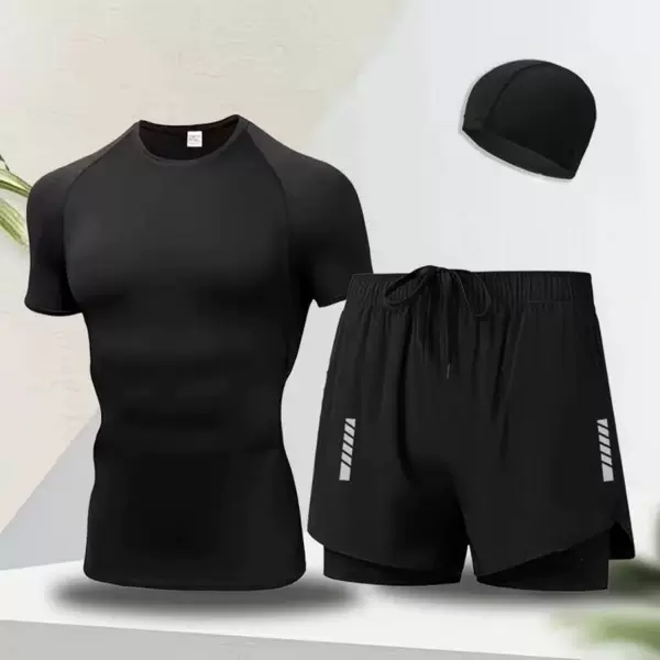 Swimming trunks, swimsuit, swim cap, high-end men's sports three-piece set, hot spring anti-embarrassment beach pants, men's swimming gear