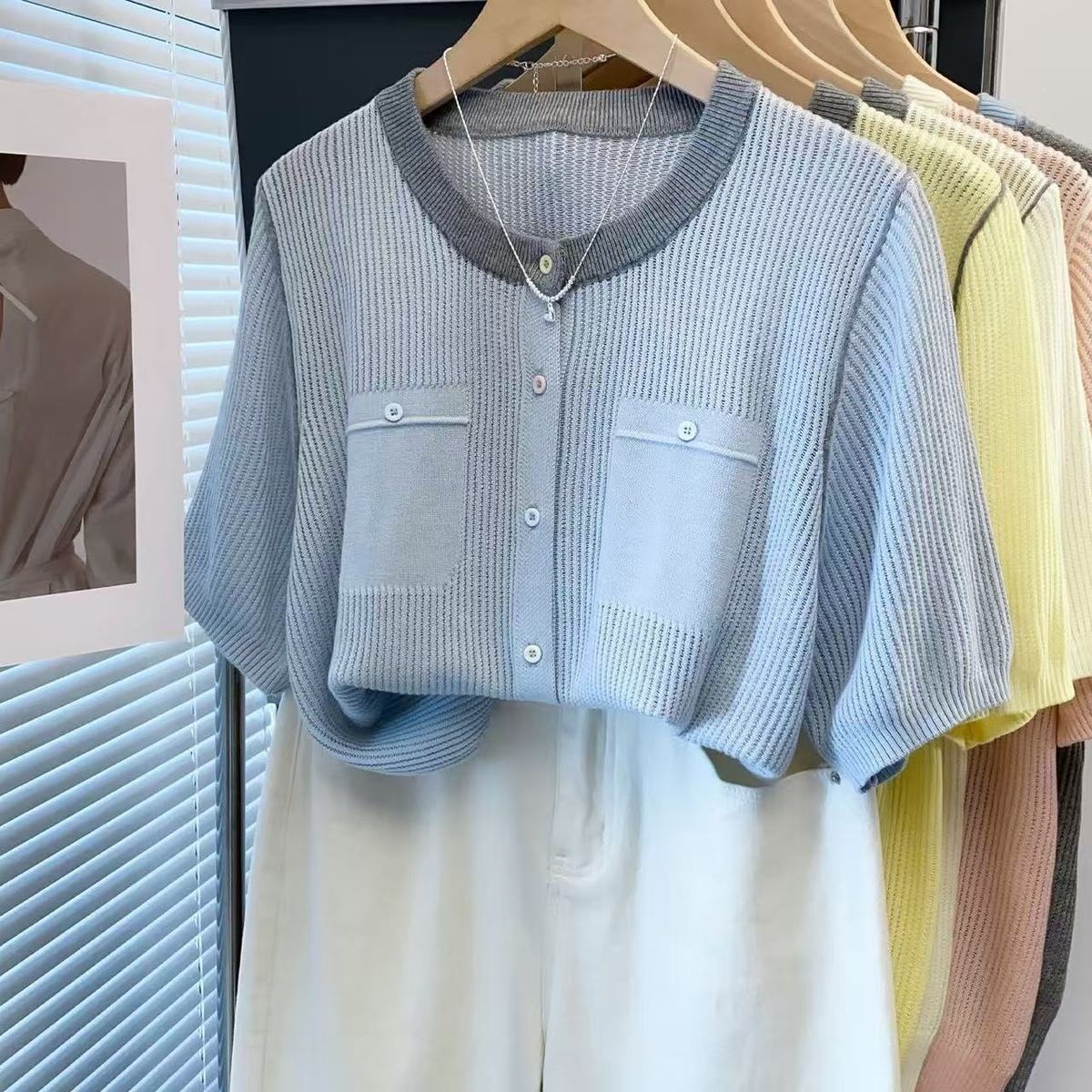 Áo cardigan len nữ cổ tròn rỗng tay ngắn dáng rộng mùa hè — xanh lam, Màu hồng, màu trắng, màu xám chi tiết 3
