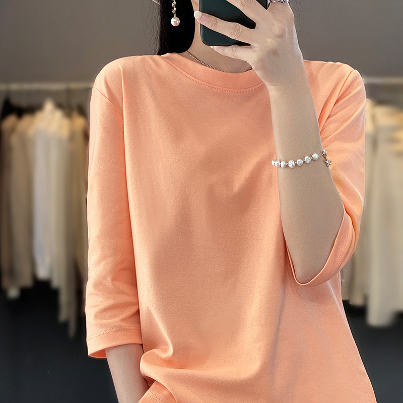 2025 Spring and Summer New Cool Pure Cotton Round Neck Knitted Three-Quarter Sleeve T-Shirt Pure Color Loose Pullover Bottoming Shirt for Women