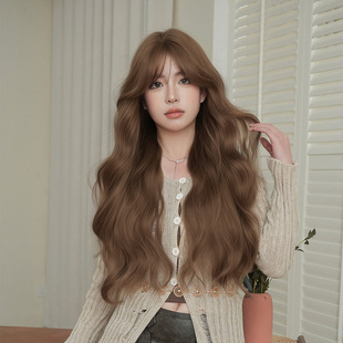 2025 New Summer Wig for Women with Long Curly Hair, Elegant, Middle-Parted Wavy Curls, Full Headgear, Internet Celebrity, Full Head of Long Curly Hair