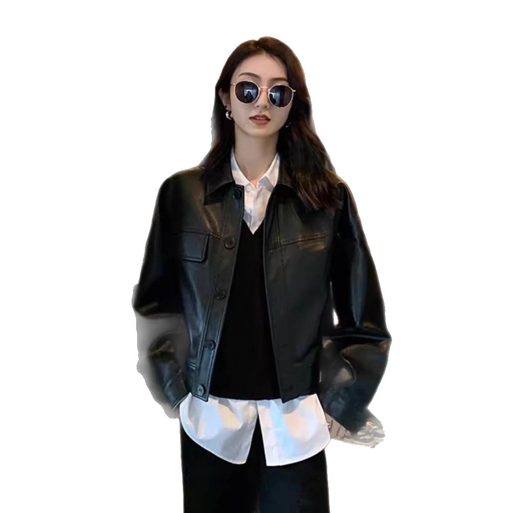 Women's Clothing Black Short PU Leather Jacket Korean Style Fashion Retro Brown Top For Autumn_voghion.com