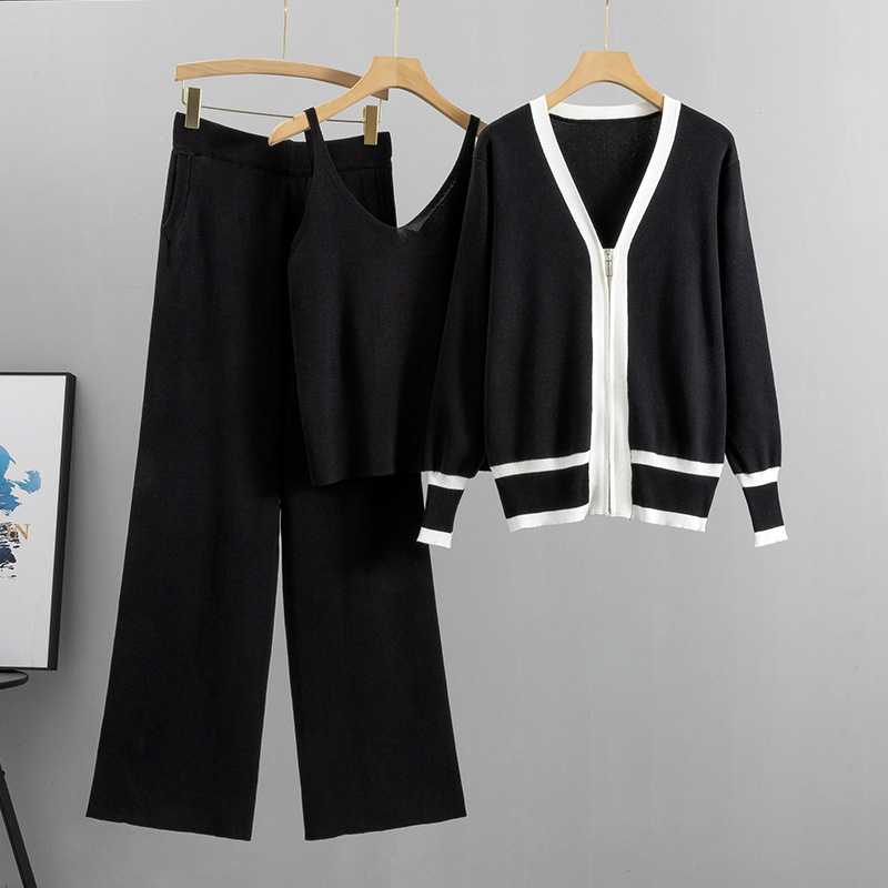 Women's Clothing Spring And Autumn New Women's Clothing Suit Trendy Knitted Cardigan Suspenders Wide Leg Pants Three Piece Suit_voghion.com