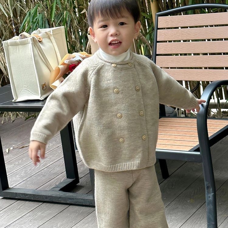 韩版男童2025秋季新款纯色休闲针织套装儿童双排扣毛衣开衫直筒裤