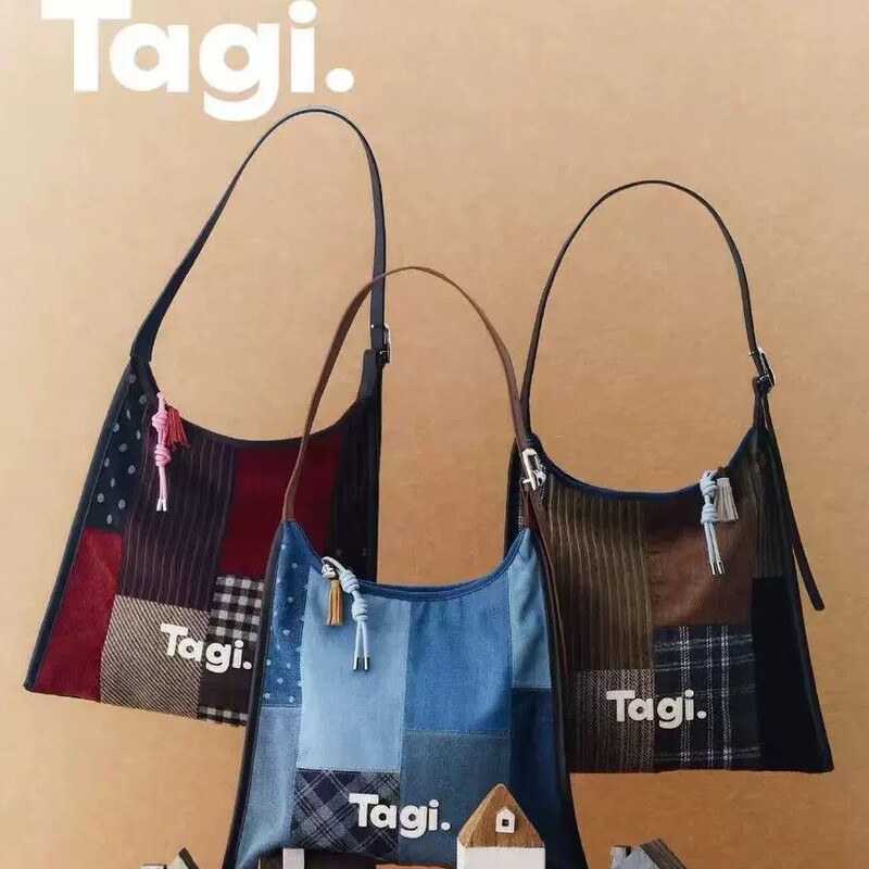 Tagi. Daily Casual Color-Block Corduroy Shoulder Bag with Denim Patchwork, Large Capacity Crossbody Bag, Handbag