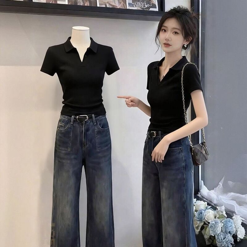 Polo Collar White Short-Sleeved T-Shirt for Women Summer 2026 New Design Waist-Cinching Top Versatile and Fashionable for Spring and Summer
