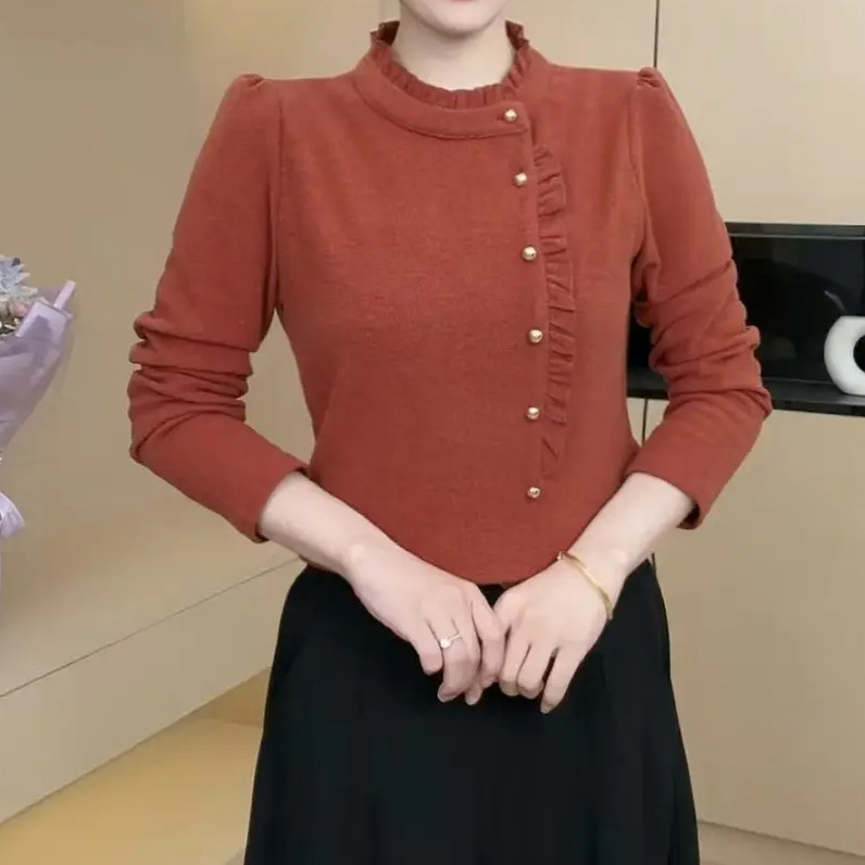 时尚休闲纯色木耳边立领长袖小衫秋季新款复古保暖大码上衣女