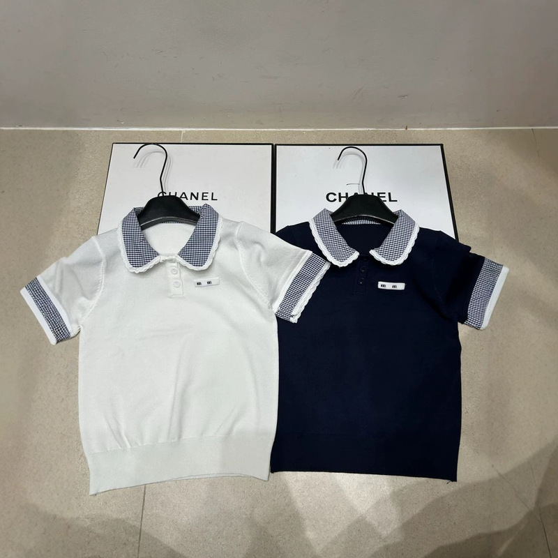 Chanel-Style Doll Collar Knitted Short-Sleeve Women's Summer Top with Plaid Patchwork and Lace Trim, Youthful College Style Versatile Women's Top Chanel-Style Doll Collar Knitted Short-Sleeve Women's Summer Top with Plaid Patchwork and Lace Trim, Youthful College Style Versatile Women's Top