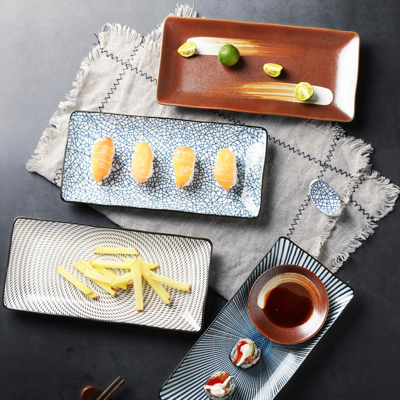 Underglaze rectangular dish sushi plate household vintage ceramic Japanese tableware Japanese style sushi plate