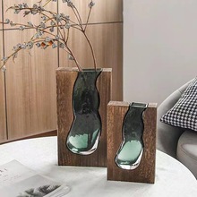 北欧原木实木透明绿色玻璃花瓶客厅设计师款装饰家居酒店板房摆件