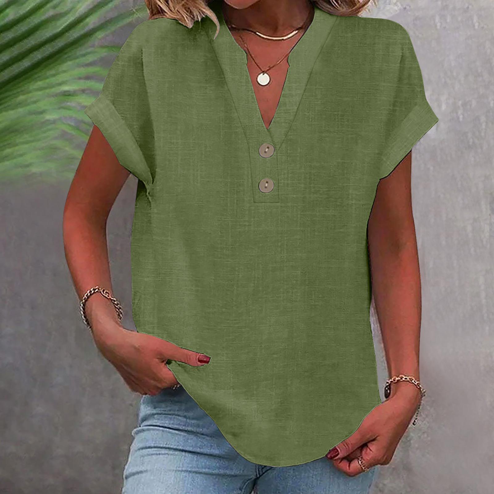 2025 European And American Summer Solid Color Stand Collar Button Short Sleeve Women's Shirt_ecoleips.com