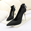 European and American sexy pointed bow high heeled shoes show thin nightclub net red women’s single shoes metal thin hee