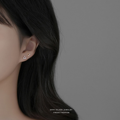 S999 Solid Silver Geometric Triangle Diamond Stud Earrings for Women - Simple, Unique Style, Minority Design Ear Rings, Drop Ship