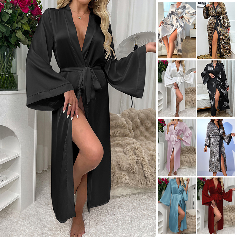 European and American Women's Long Sexy Bathrobe Pajamas Nightgown Comfortable Home Clothes Lace-Up Cardigan Home Clothes 211+838