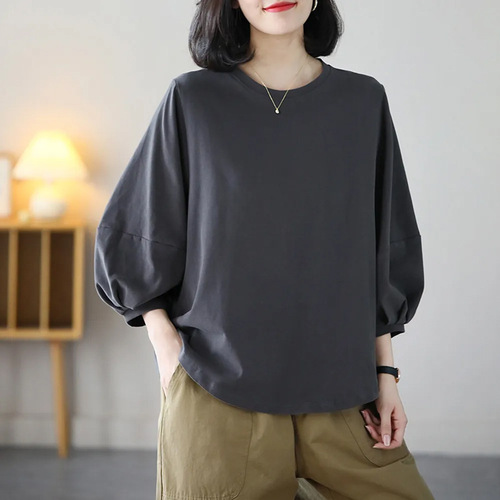 Pure Color Simple Spring Summer New Style Versatile Literary Retro Lantern Sleeve T-shirt Top Casual Seven-Sleeve Women's Top