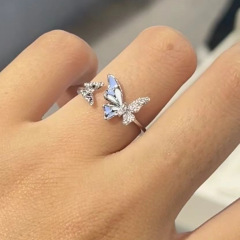 甜美藍色蝴蝶戒指女氣質輕奢精緻高級感食指戒小眾開口可調節指環