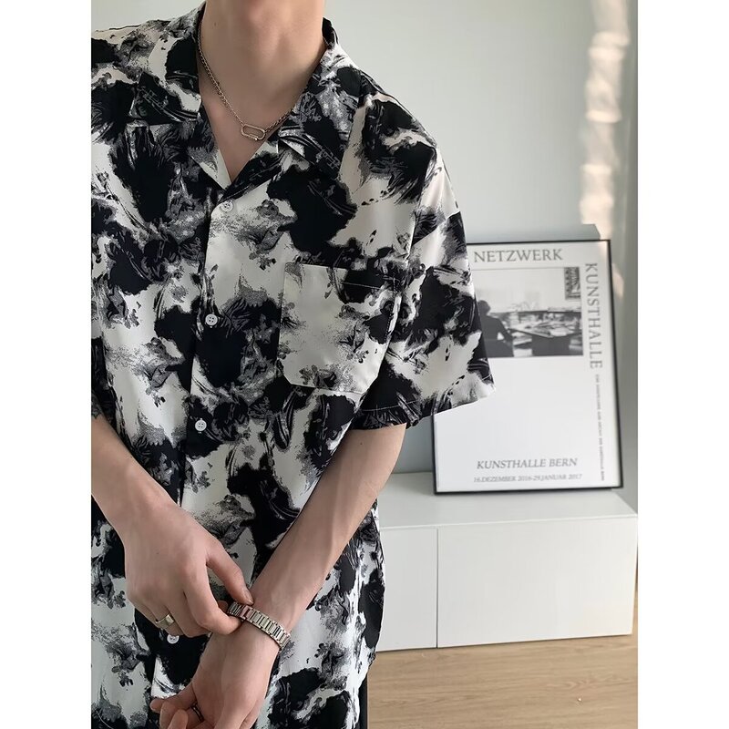 Yuppie Style Short-sleeved Shirt Men's Summer Designer Wear Flower Shirt Antique Fashion Brand Ink Painting Cuban Collar Jacket