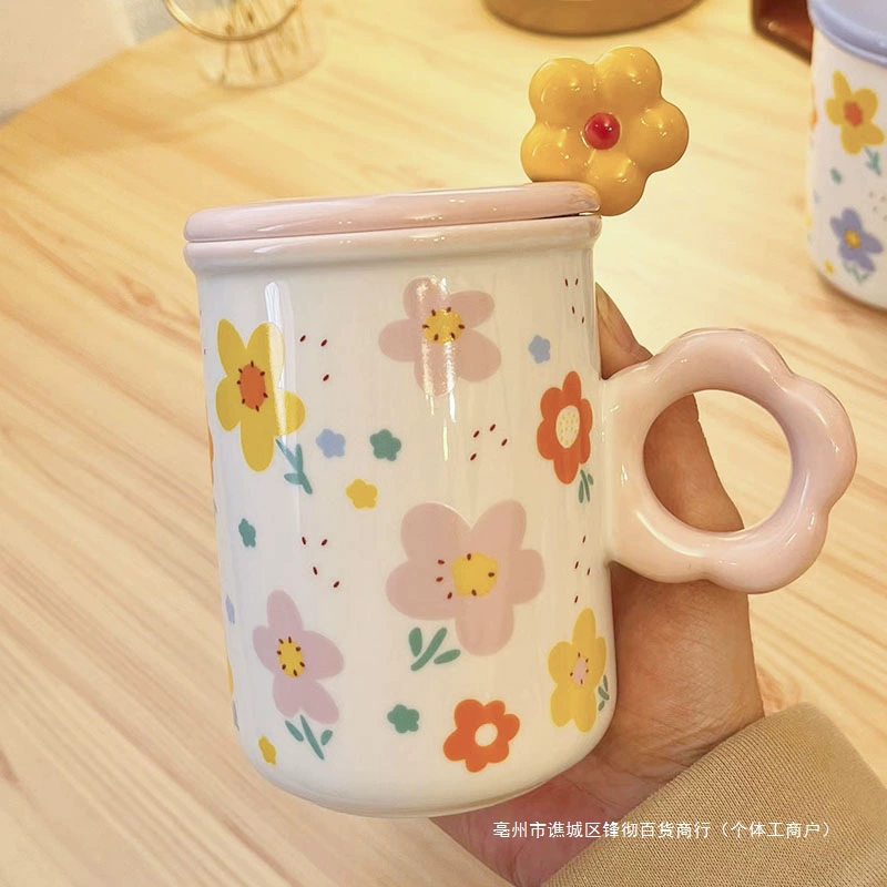 Керамическая чашка Flower cup женский высокоценный с крышкой ложкой дизайн можно подогревать домашний кофе чашка для питья