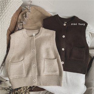 Mori simple children's clothing children's knitted vest solid color all-match boys and girls Children's sweater cardigan spring and autumn fashion