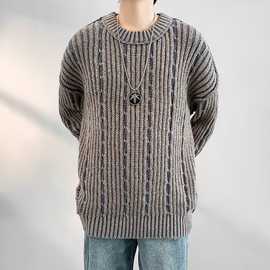 秋冬加厚条纹提花毛衣男圆领套头日系复古美式痞帅休闲潮牌针织衫