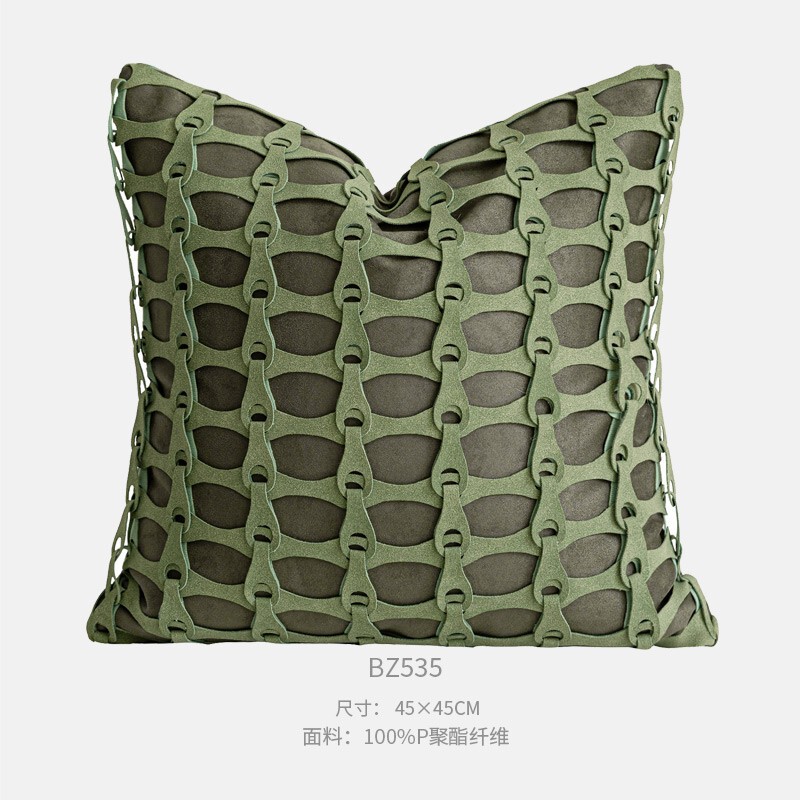 绿色系皮质手工拼接编织抱枕腰枕现代轻奢样板间沙发靠枕套组合|undefined