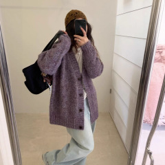韩系中长款V领花线羊毛针织开衫女秋冬新款宽松慵懒大版毛衣外套