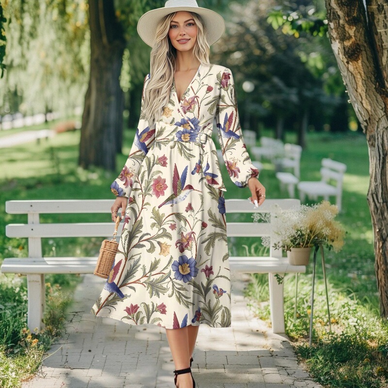 Amazon Autumn Plant Flower Long Dress Lantern Long Sleeve Dress V-Neck Flowing Swing A-Line Party Dress
