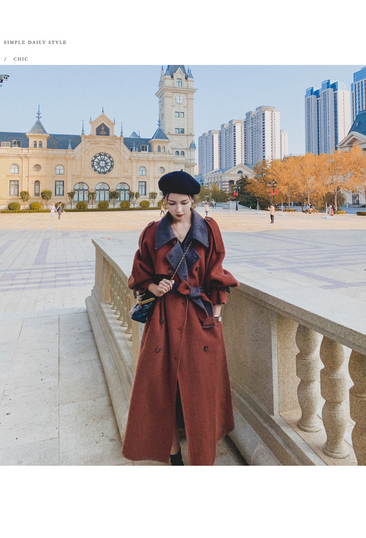 Women's Long Woolen Coat Brick Red Hepburn Style Winter Overcoat_voghion.com