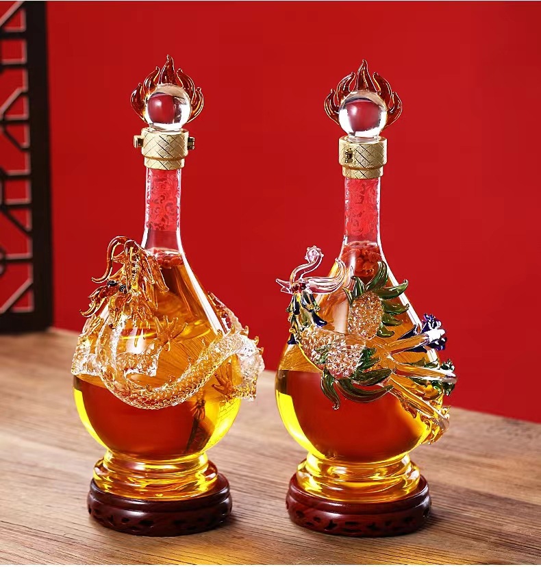 Suministros para banquetes de bodas Dragon and Phoenix Chengxiang Botella de vino de burbujas Botella vacía Botella de vino artesanal de vidrio resistente al calor con alto contenido de borosilicato grueso Caja de regalo