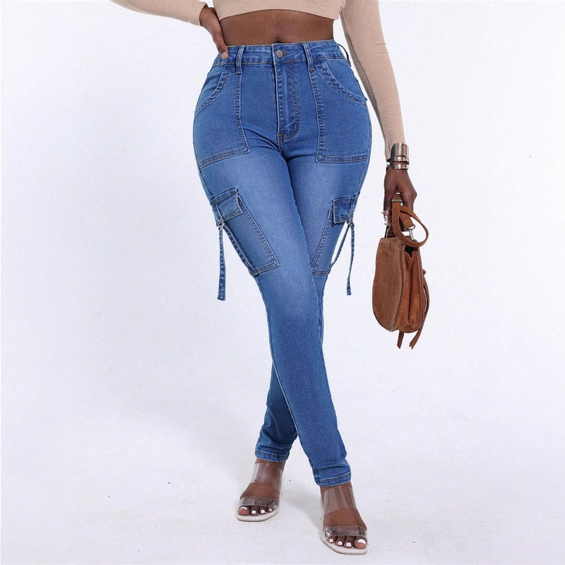Amazon Wish Aliexpress Elastic Drawstring Flap Pocket Slim Fit Butt-Lifting Women's Denim Pants