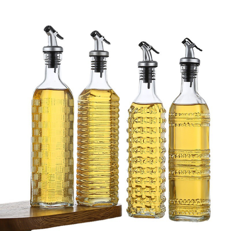 Amazon tallado vidrio de aceite de vidrio 500ml botella de aceite de vidrio de presión no fugas de aceite especial para la botella de aceite de vidrio al por mayor