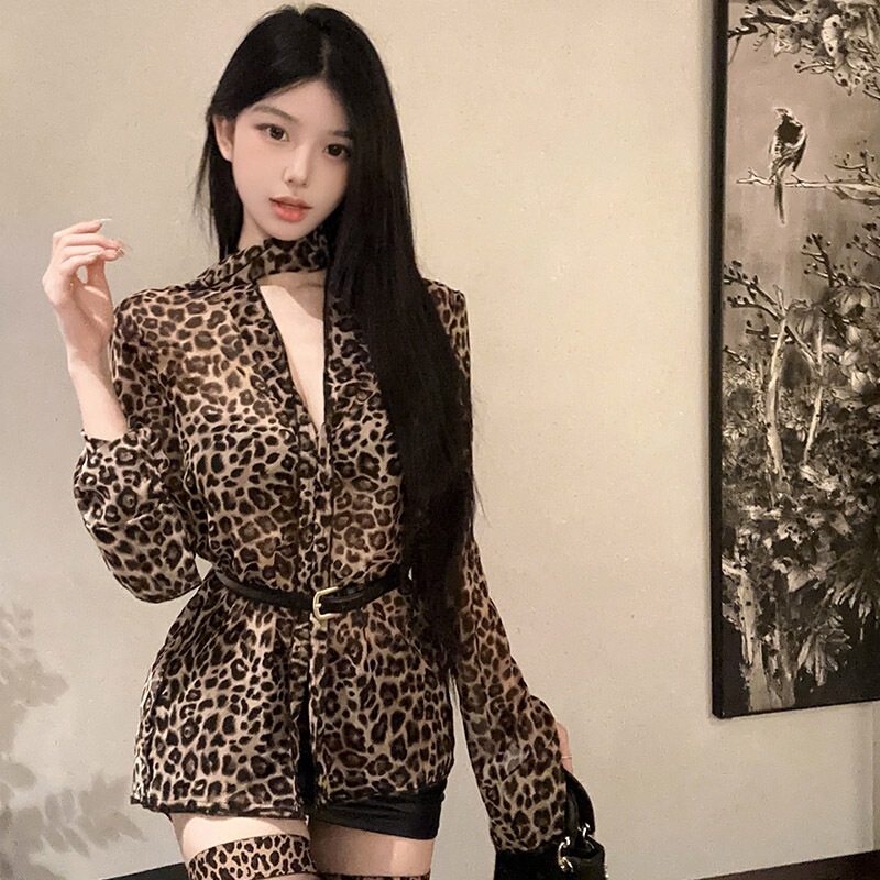 Summer Sun Protection Shirt Leopard Print V-Neck Long-Sleeved Chiffon Shirt Women's Pure Desire Mid-Length Waist-Cinching Shirt Top Summer Sun Protection Shirt Leopard Print V-Neck Long-Sleeved Chiffon Shirt Women's Pure Desire Mid-Length Waist-Cinching Shirt Top